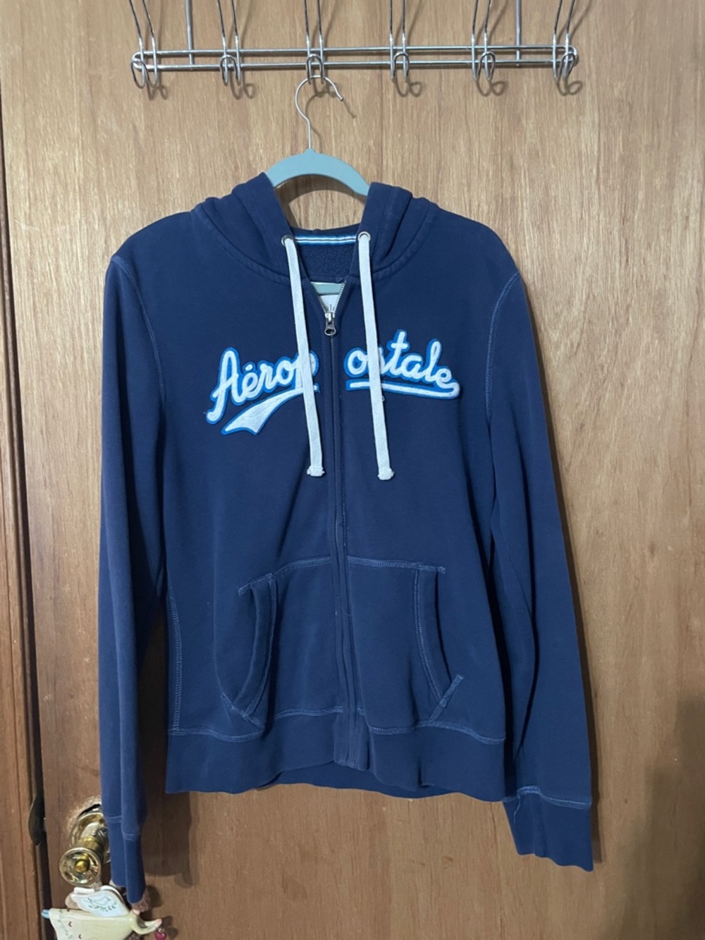Aeropostale Navy Blue Full-Zip Hoodie with White Drawstrings